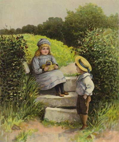 Børn på landet med en kurv med frugt af English School